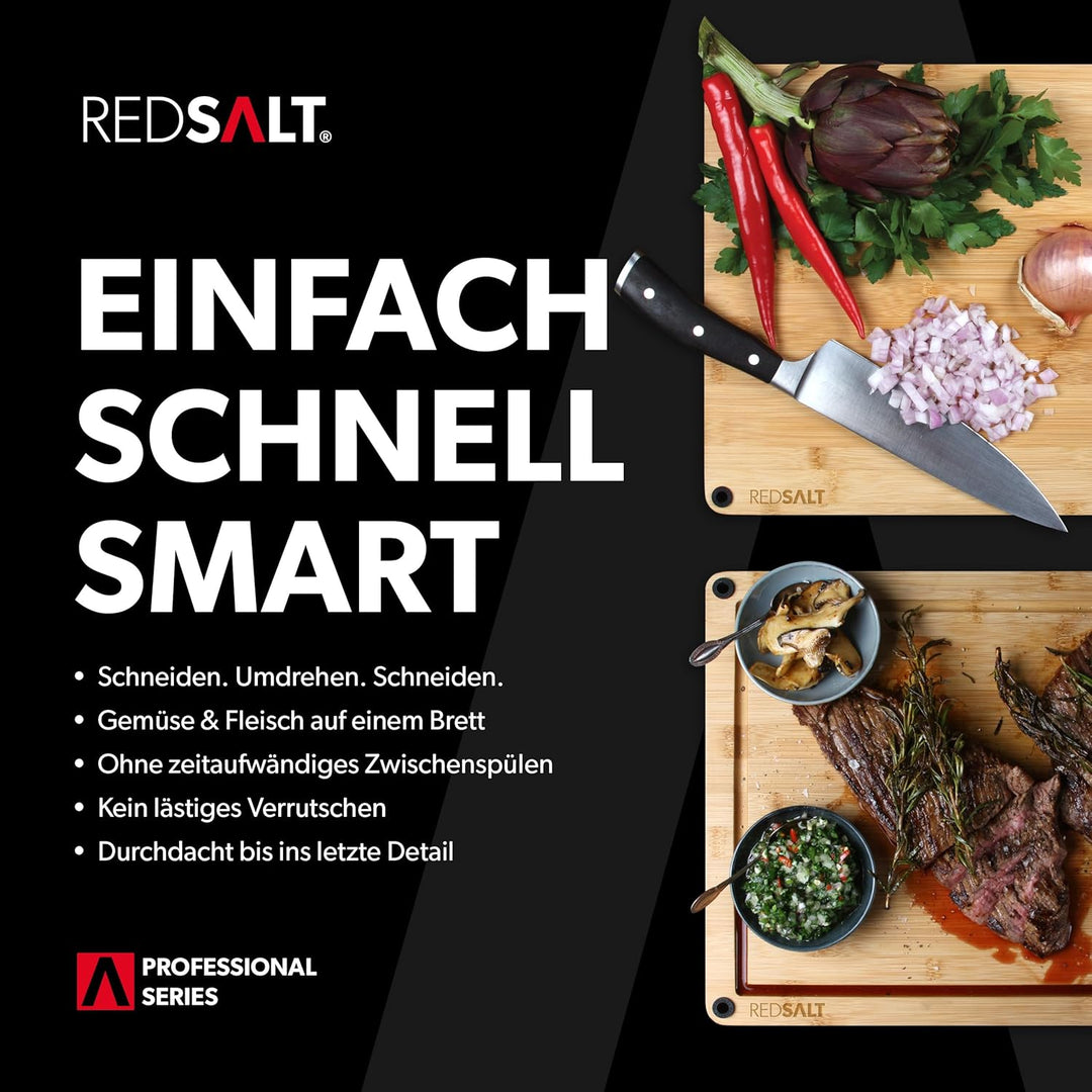 REDSALT® innovatives Bio Bambus Holz Schneidebrett rutschfest M 36x26x2,5cm | Holzbrett gross beidse