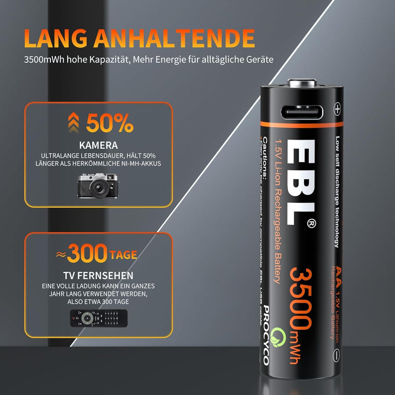 EBL Lithium Akku AA - 1,5V wiederaufladbare AA Lithium Batterien mit USB Laden,Starke Leistung AA Ak
