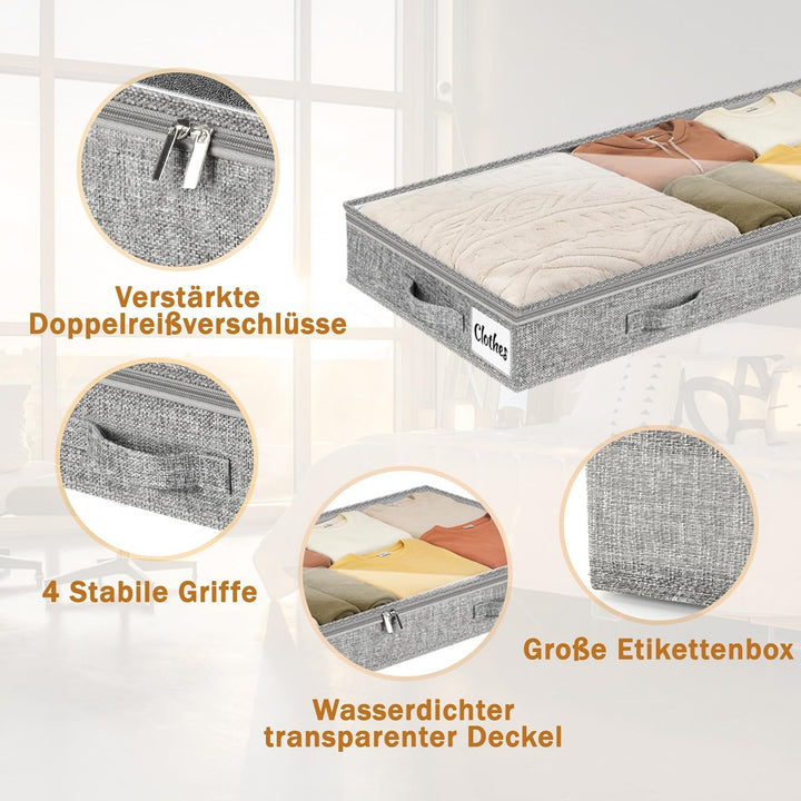 4 Stück Unterbett Aufbewahrungsbox,10cm hoch Unterbettkommode mit klarem Deckel, Faltbare Kleiderauf