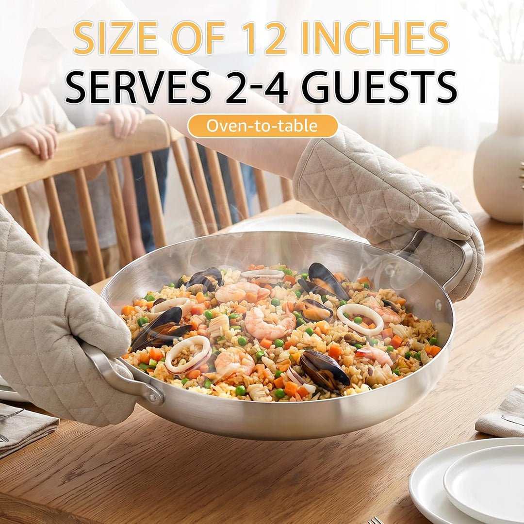 Inqibee Paella Pfanne 30 cm mit Deckel, Edelstahl Paellapfannen, Edelstahlpfanne Unbeschichtet, Stai