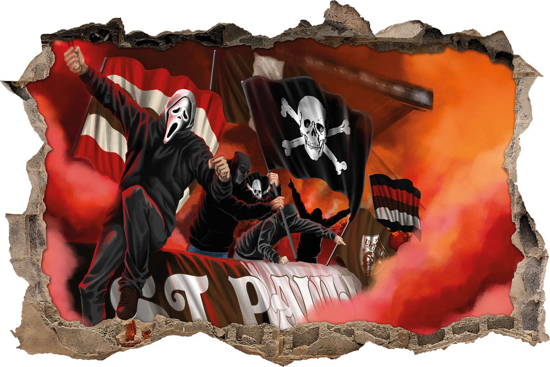 Ultras St. Pauli mit Totenkopf Flagge, 3D Wandsticker Format: 92x62cm, Wanddekoration, 92x62