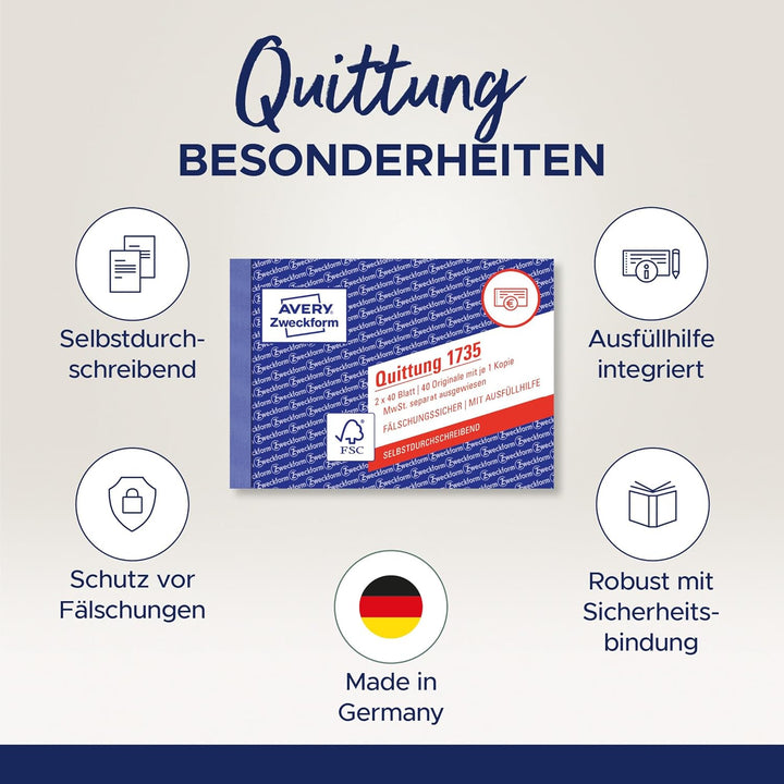 AVERY Zweckform 1735-10 Quittungsblock (A6 quer, 2x40 Blatt, selbstdurchschreibend, fälschungssicher