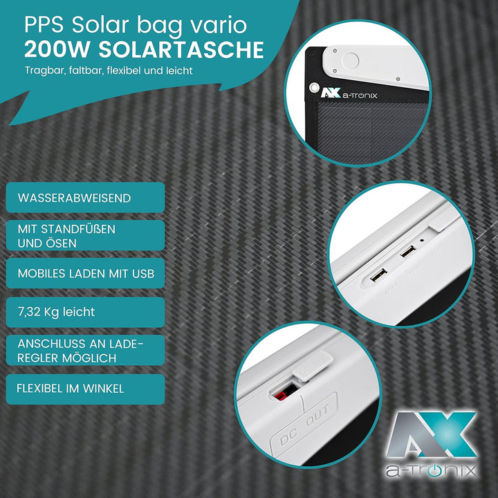 a-TroniX PPS Solar 0% MwSt §12 III UstG Bag Vario 200W, faltbares Solarpanel, USB Anschluss, Outdoor
