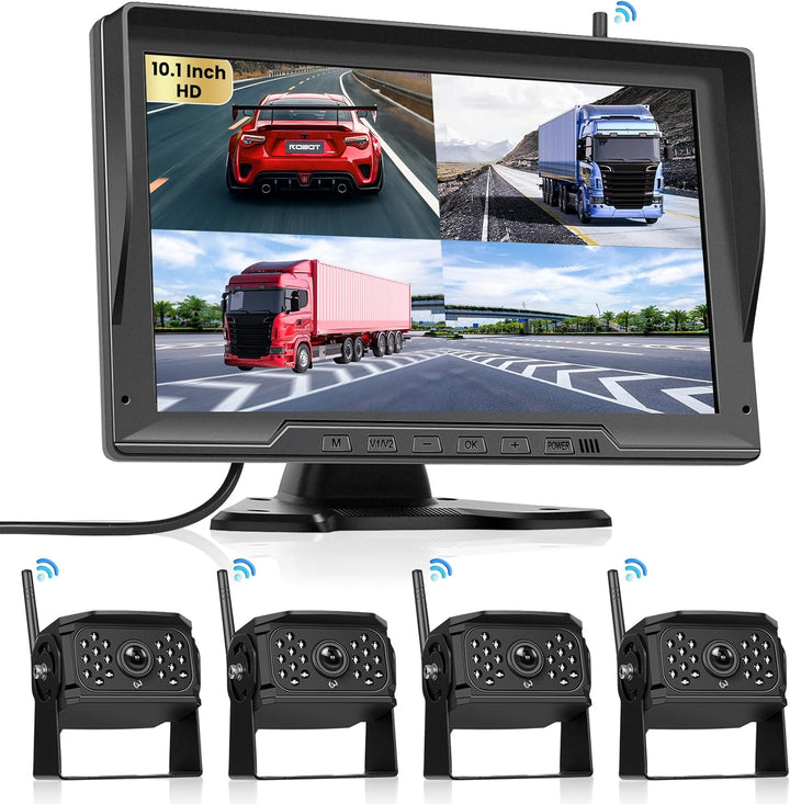 Hodozzy Digitale Kabellos Rückfahrkamera 4 Kamera mit 10.1'' IPS Monitor, IP68 wasserdichte Rückfahr