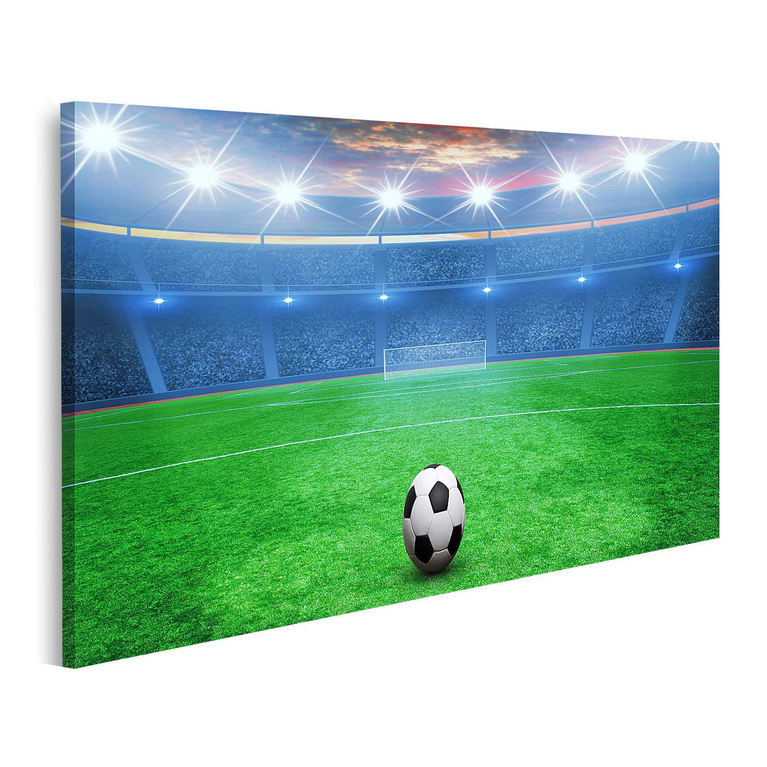 islandburner Bild auf Leinwand Fussball Auf Grünem Rasen Stadion Arena In Der Nacht Beleuchtet Helle