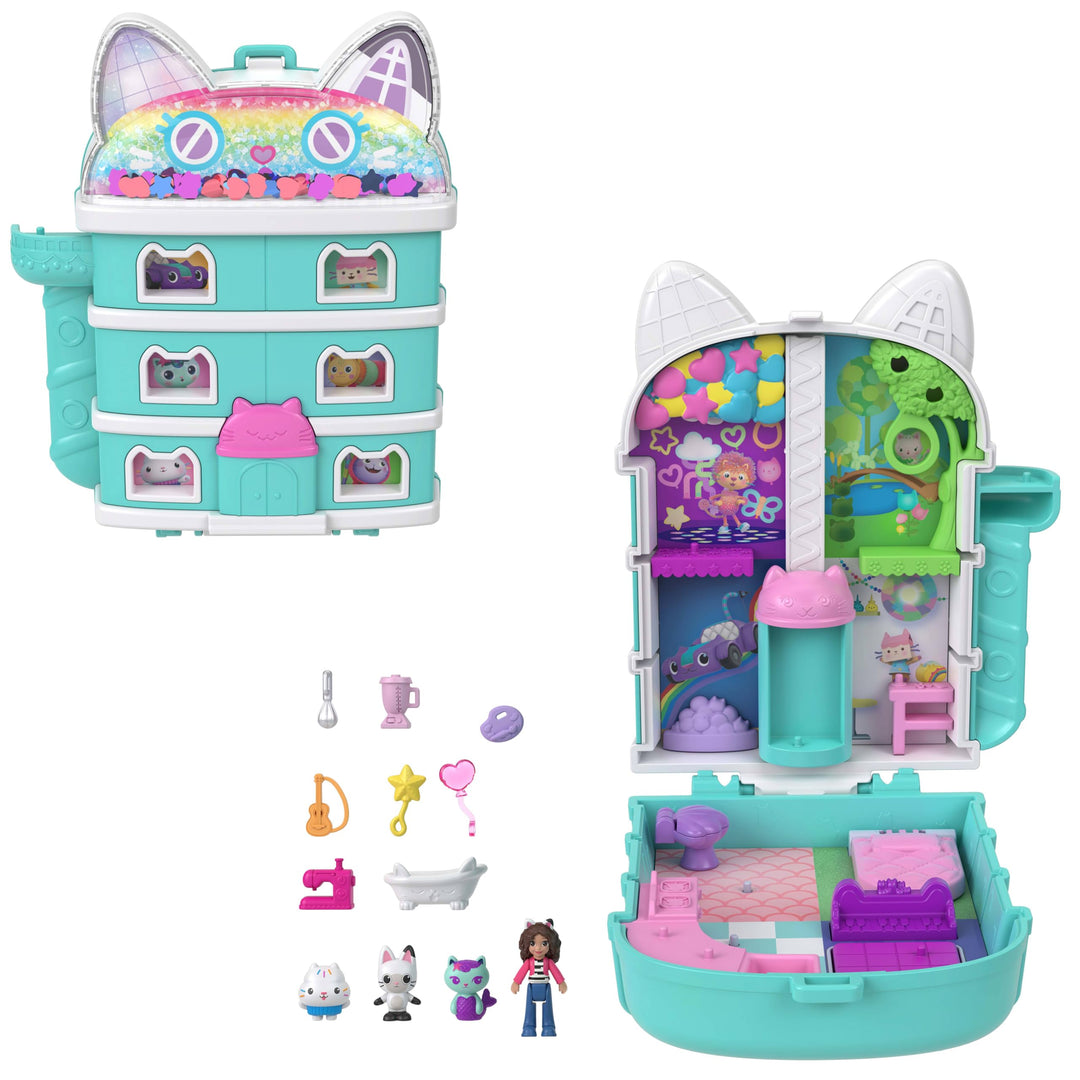 Schatulle von Polly Pocket x Gabby’s Dollhouse, Minipuppen und Spielset, 9 passende Zubehörteile, Ti