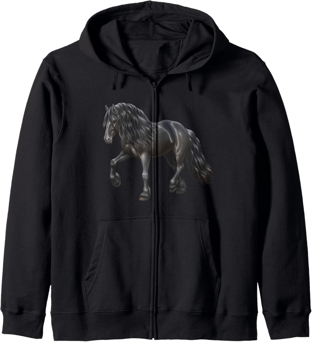 Schönes Rappe schwarzes Friesian Pferd Kapuzenjacke