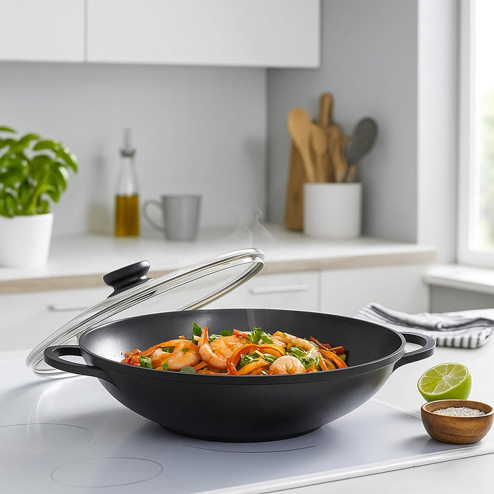 Kopf Wok Mai-Lu (Aluguss, Ø 36 cm, Induktion, ILAG Antihaftbeschichtung, inkl. Glasdeckel und Zubehö