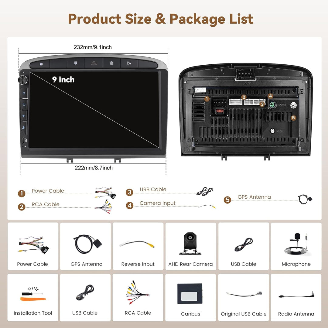 Hikity Android 15 4+64GB Autoradio für Peugeot 308 408 2007-2015 mit 9 Zoll Incell Touchscreen, Auto