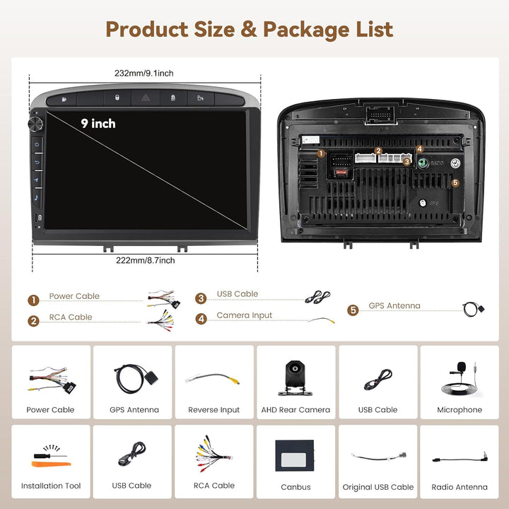 Hikity Android 15 4+64GB Autoradio für Peugeot 308 408 2007-2015 mit 9 Zoll Incell Touchscreen, Auto