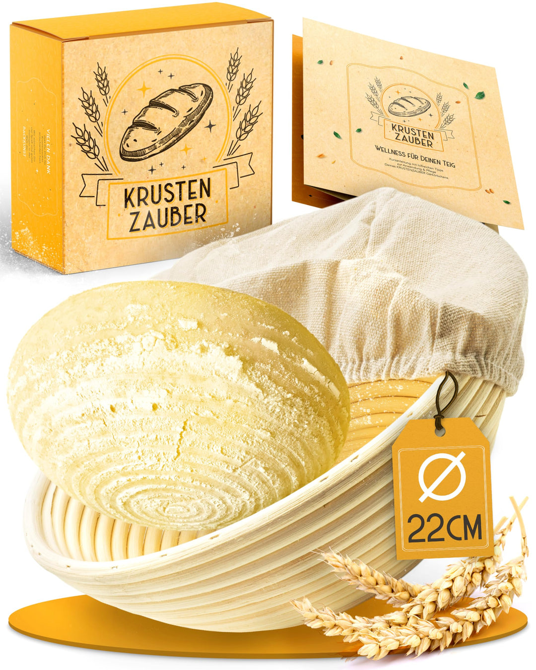 KRUSTENZAUBER Gärkorb zum Brotbacken rund 22cm - Rundes Gärkörbchen aus Rattan mit Gärtuch - Brot Ba
