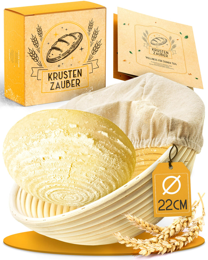 KRUSTENZAUBER Gärkorb zum Brotbacken rund 22cm - Rundes Gärkörbchen aus Rattan mit Gärtuch - Brot Ba