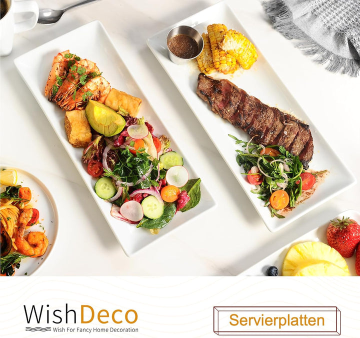 WishDeco Servierplatten Weiss Rechteckig 3er Set, Servierteller Gross 36x15 cm, Kuchenplatten Porzel