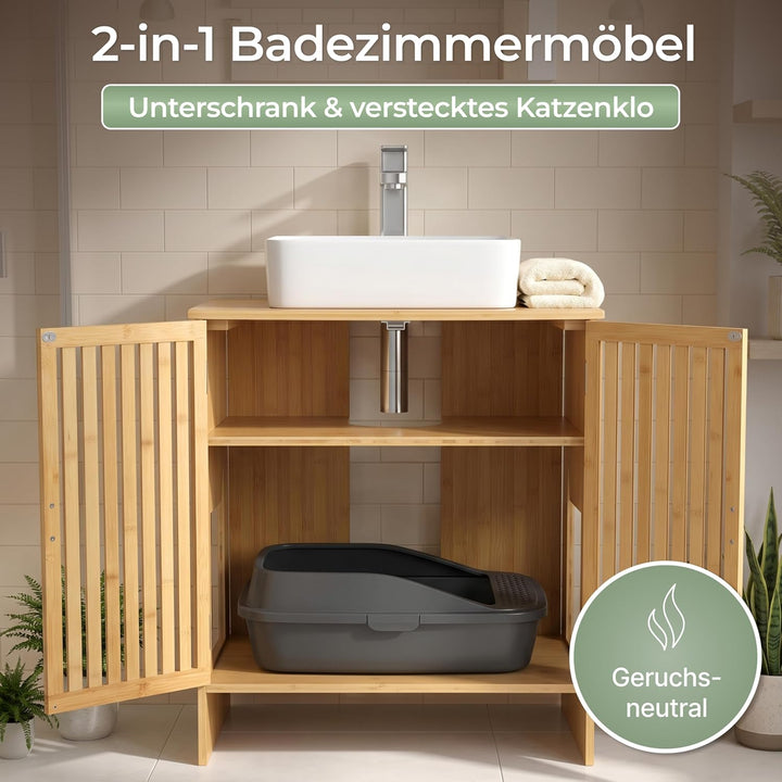 WOOWOOD Katzenklo Waschbeckenunterschrank aus Bambus - Extrem Feuchteresistent - Katzenklo Schrank -