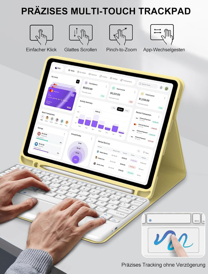 JADEMALL Hülle mit Tastatur für iPad 11./10. Generation, Mit Touchpad, Ohne Beleuchtung, QWERTZ DE L