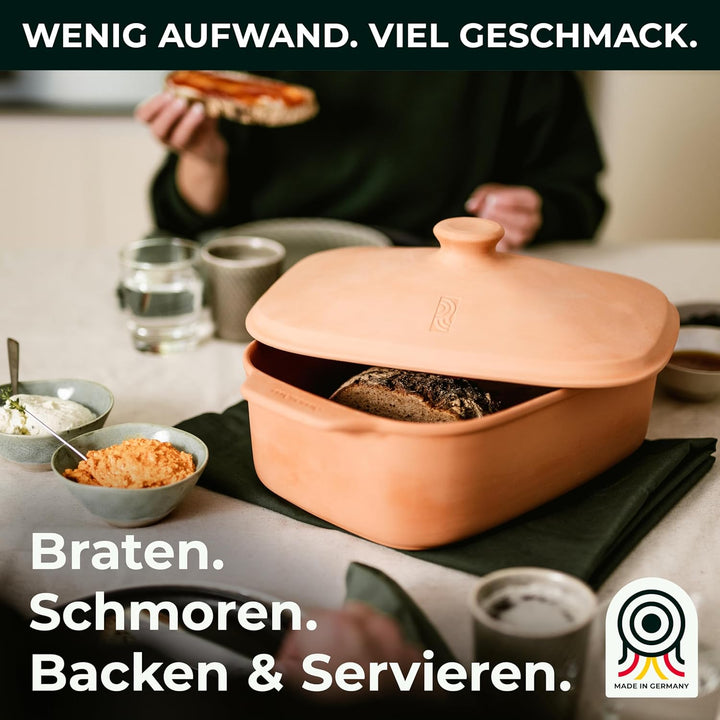 myromy® Bräter, Schmortopf & Brotbackform aus Keramik Natur-Ton: Bratentopf, Dampfgarer & Backform,