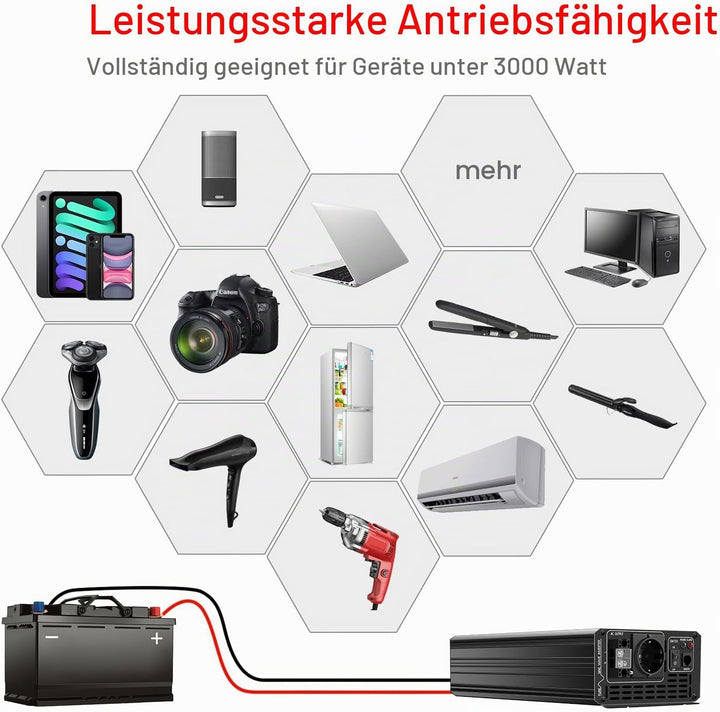 Xijia 3000W Wechselrichter 12V 230V Reiner Sinus Spannungswandler (6000W Spitzenleistung), LCD-Displ