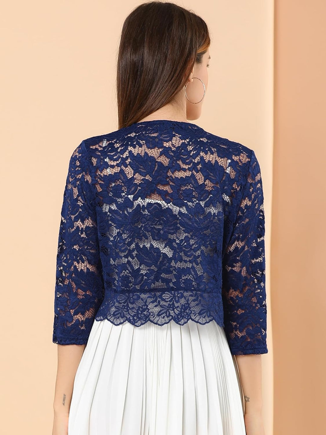 Allegra K Elegantes Damen-Oberteil mit 3/4-Ärmeln, durchscheinend, florales Spitzenoberteil M Navy,