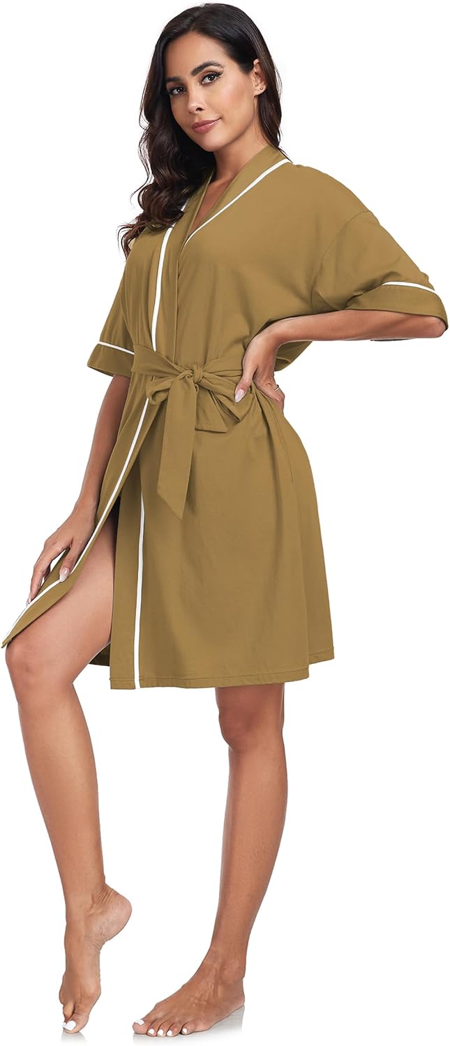 COLORFULLEAF 100% Baumwolle Bademantel Damen Kurz Morgenmantel Leicht Knielang Kimono Saunamantel Na
