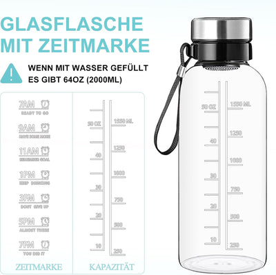 RNCKUUE 2 Liter Glasflasche, 2l Glas Trinkflasche, Wasserflasche Glas mit Sieb, Neoprenhülle, Flasch