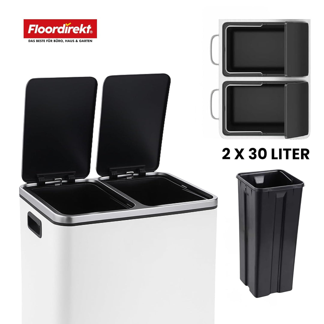 Floordirekt Mülleimer Küche 2×30L Weiss | 2-Fach Mülltrennung, Treteimer Küche, Metall, Soft-Close,