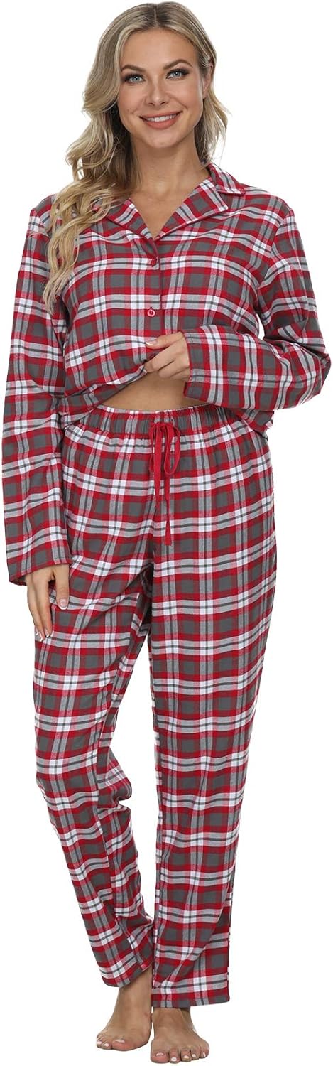 Mnemo Home Damen Schlafanzug Lang Flanell Pyjama Damen 100% Baumwolle aus Flanell Rot M, Rot M