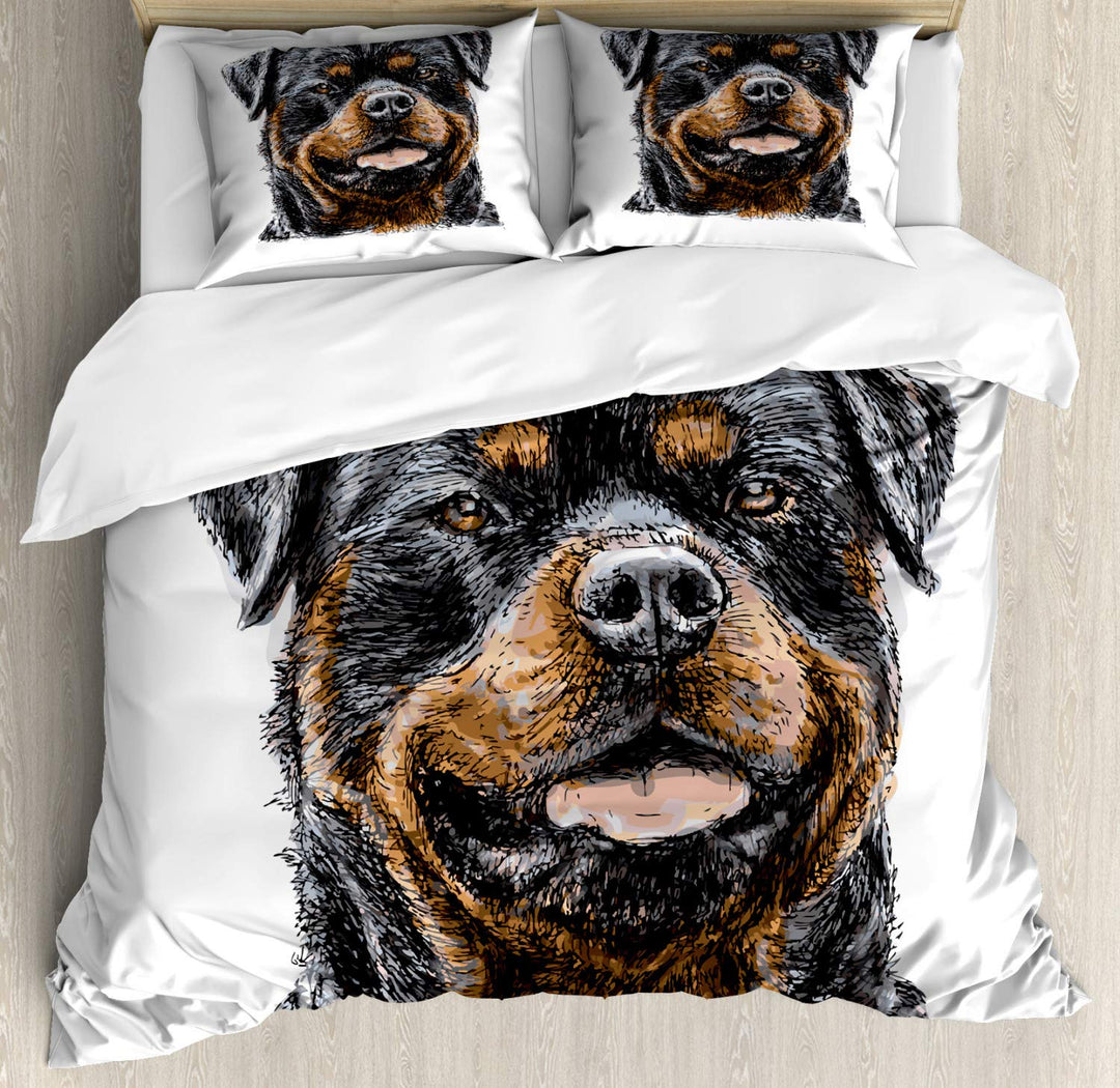 ABAKUHAUS Rottweiler Bettbezugs Set Für Doppelbetten, Hand gezeichnetes Bild von Hund, Milbensicher