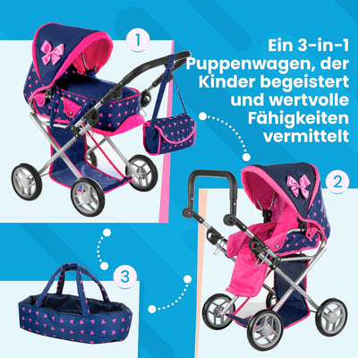 Kinderplay Puppenwagen ab 1 2 3 Jahre Kinderwagen Spielzeug - 3 in 1, Puppenwagen mit Herausnehmbare