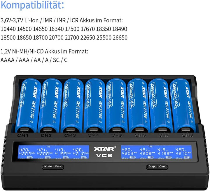 18650 Ladegerät 8 Einschübe XTAR VC8 21700 Ladegerät mit LCD-Anzeige für 3,6 V 3,7 V Li-Ion 10440 16
