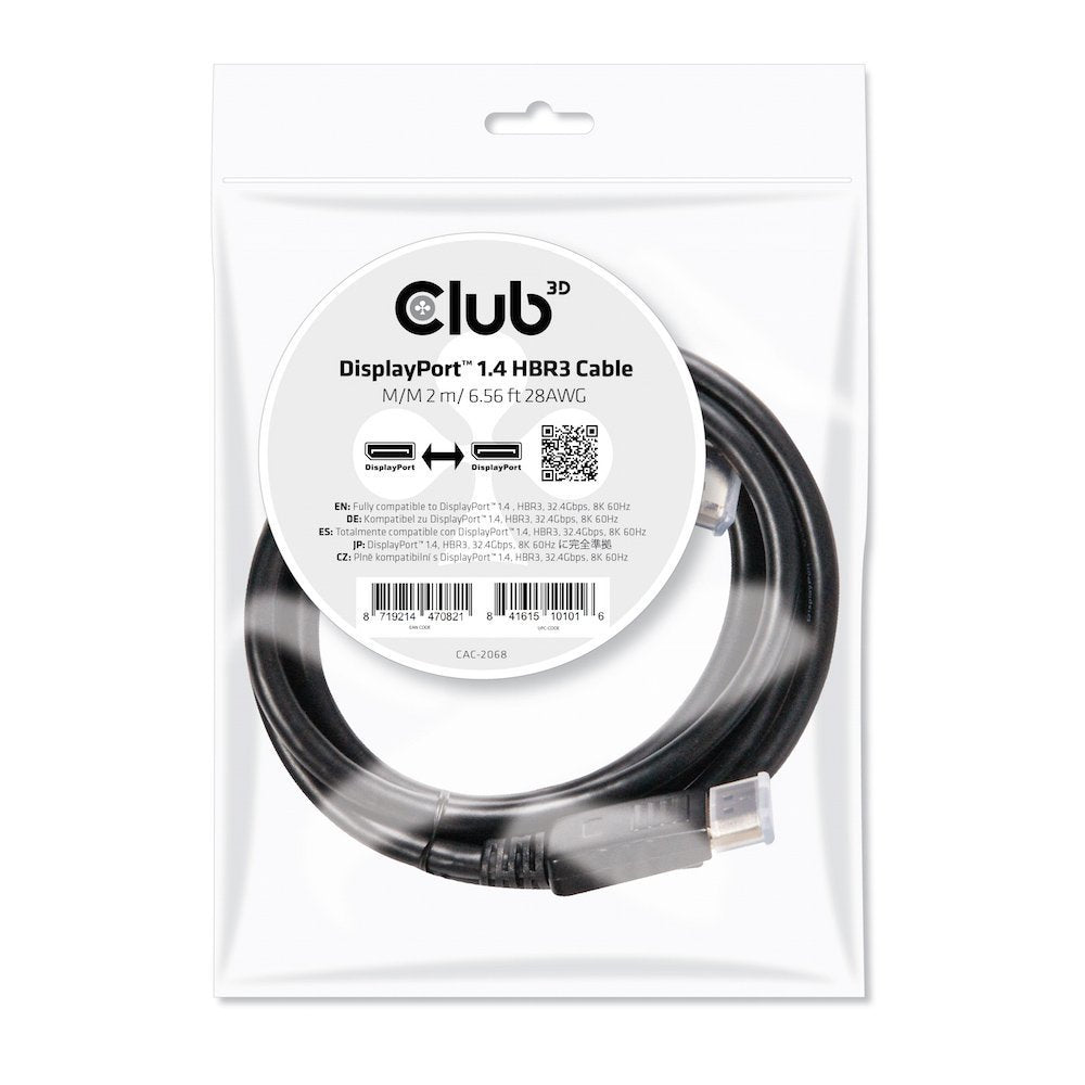 Kabel Club3D CAC-2068 DisplayPortâ„¢ 1.4 HBR3 Cable Male/Male 2 m/6.56ft VESA Certified