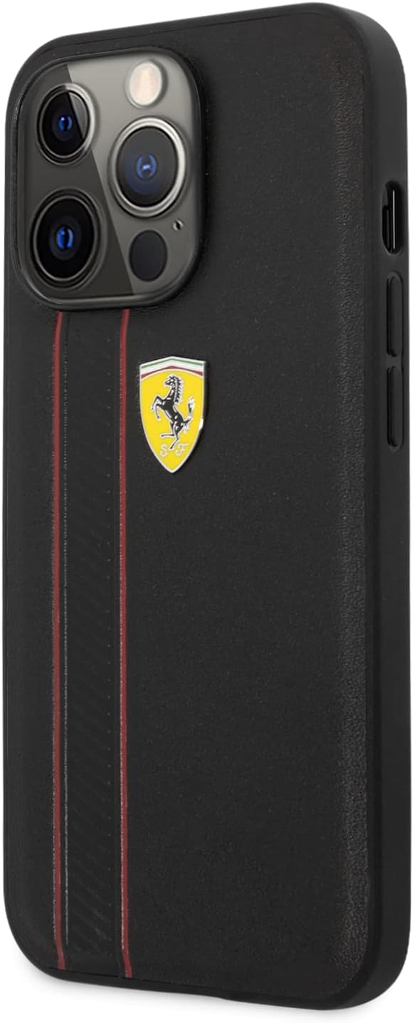 CG MOBILE Ferrari Schutzhülle für iPhone 13 Pro in Schwarz mit zwei roten Linien, Echtleder-Schutzhü