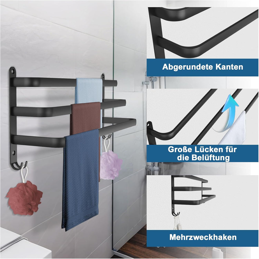 Handtuchhalter Schwarz 80cm,Handtuchhalter Ohne Bohren,Aluminium Handtuchregal Wandmontage 3-Stöckig