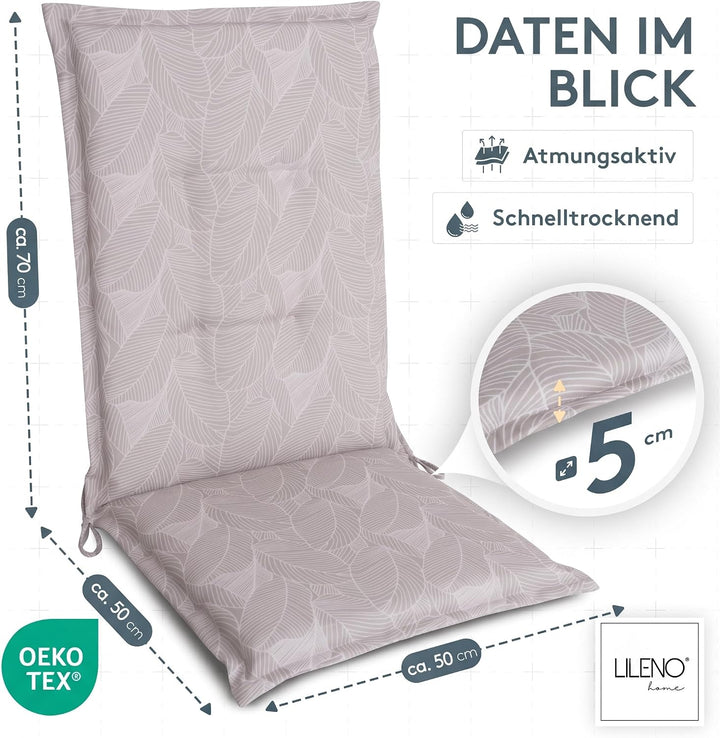 LILENO HOME Gartenstuhl Auflagen als [1er Set - Hochlehner] in Blätter Grau - Bequeme Liegen als Sit