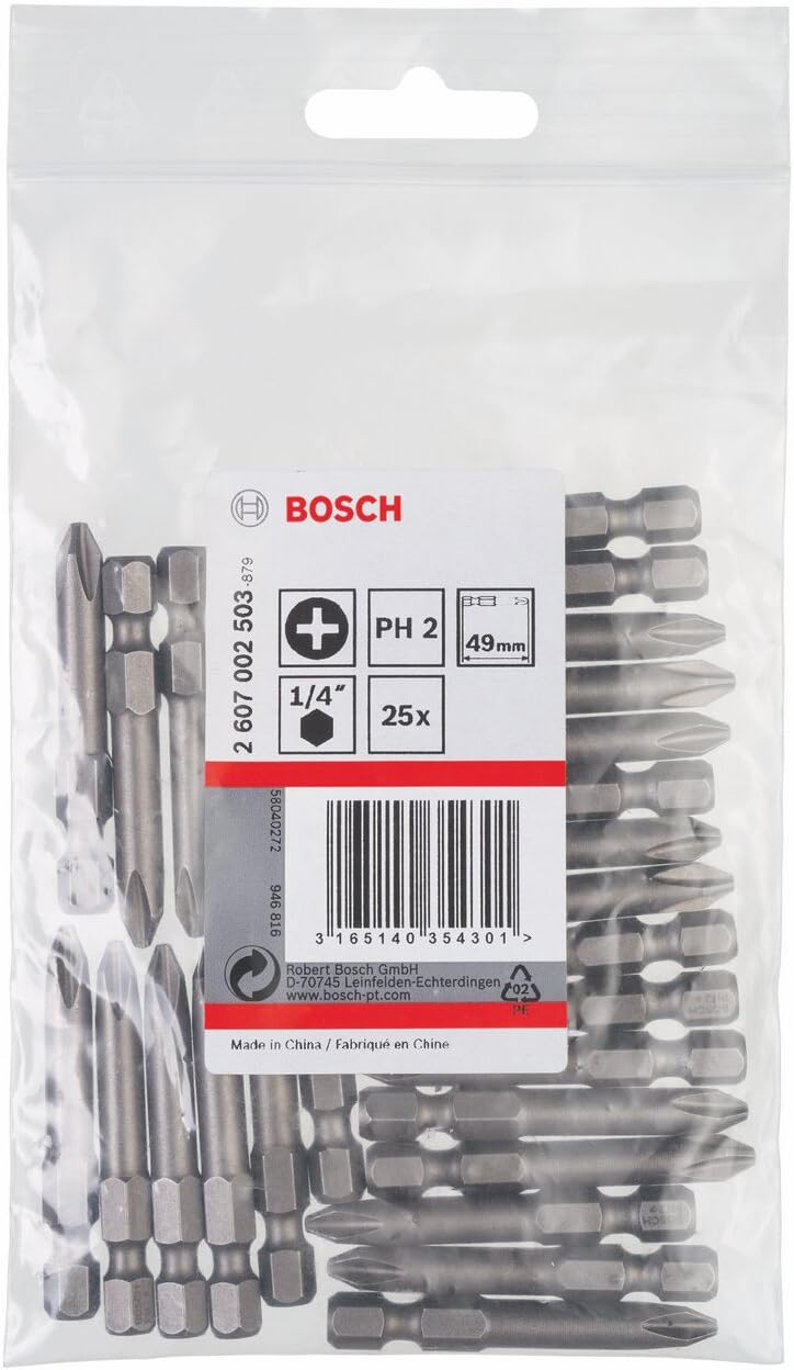Bosch Professional Bit Extra Hard Kreuzschlitz (25 Stück, PH 2, Länge: 49 mm, Zubehör zum Schrauben)