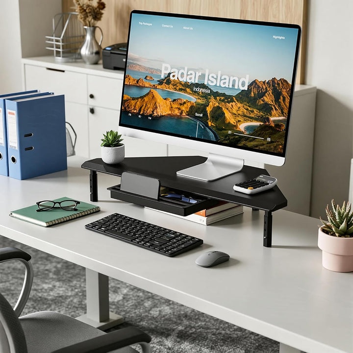 ETHU Triangle Monitorständer mit Schublade, Höhenverstellbar, bis 25kg | Holz &amp; verstärkte Metallbei
