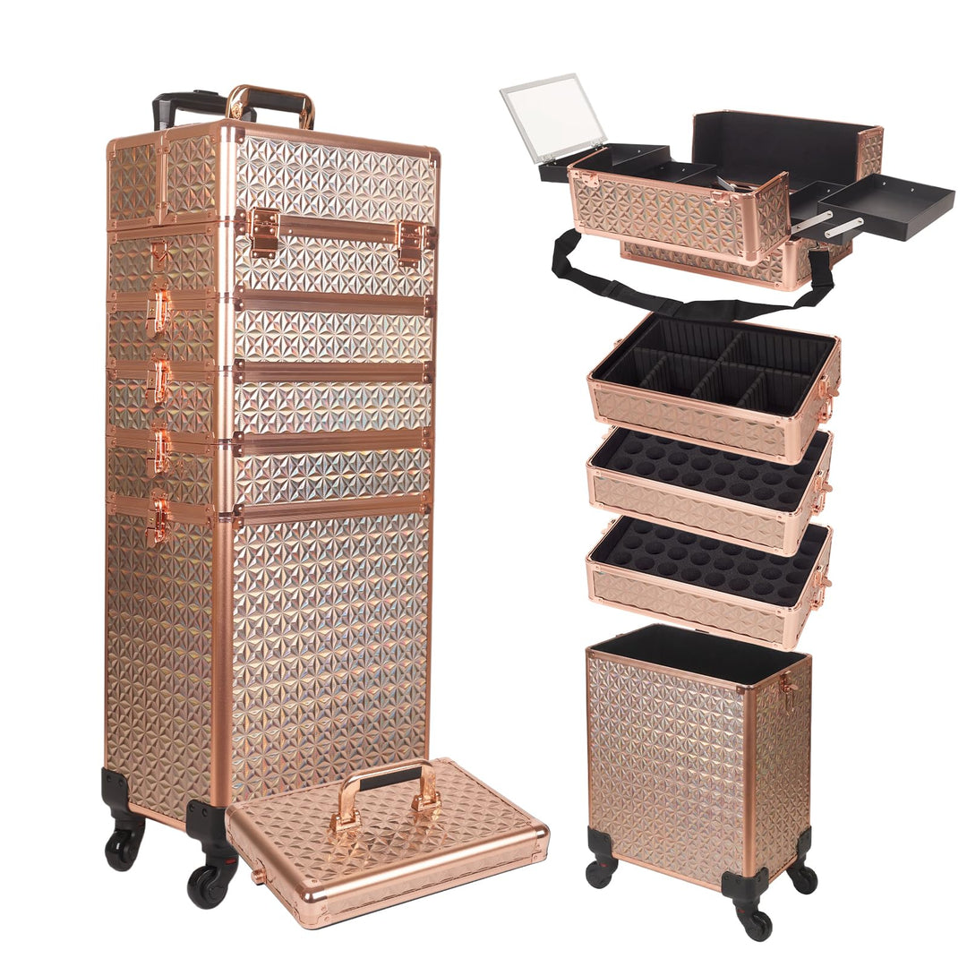 Kosmetikkoffer Trolley, 6-in-1 Schminkkoffer mit Spiegel & Schloss, Grosser Kosmetik Reisekoffer Mak