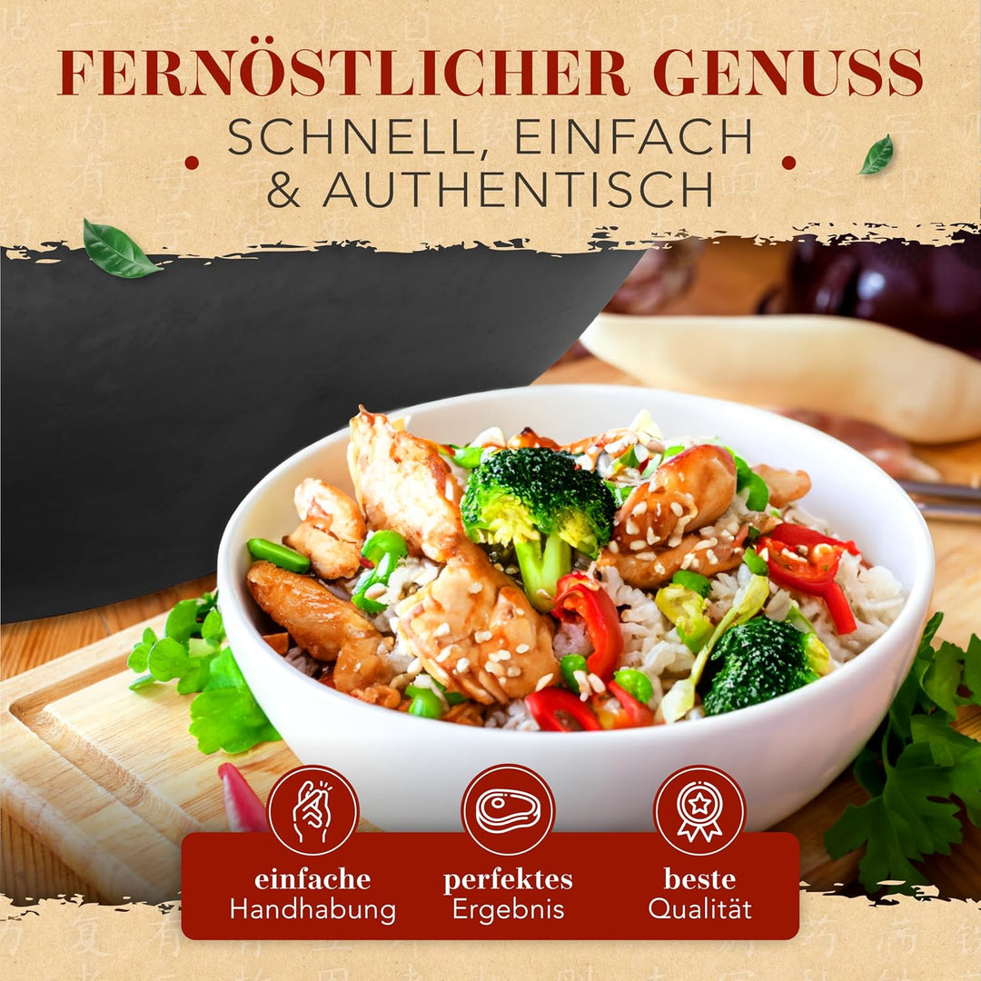 KRUSTENZAUBER 36cm Wokpfanne Induktion voreingebrannt - Traditionelle Stahlwokpfanne mit Wokwender u