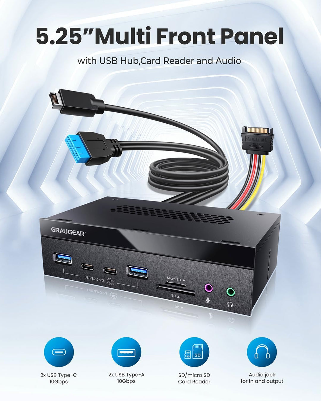 GRAUGEAR 5,25 Zoll PC Frontpanel m. SD Kartenleser und USB HUB [8 in 1] | PC Gehäuse Frontpanel mit