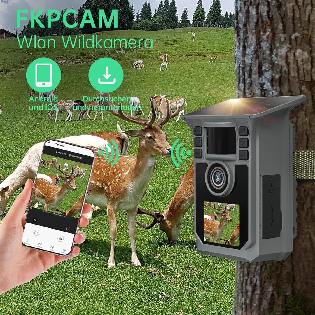 Wildkamera mit Handyübertragung APP, 4K 64MP Solar WLAN Bluetooth Eingebaute 5000mAh, 64GB Speicherk