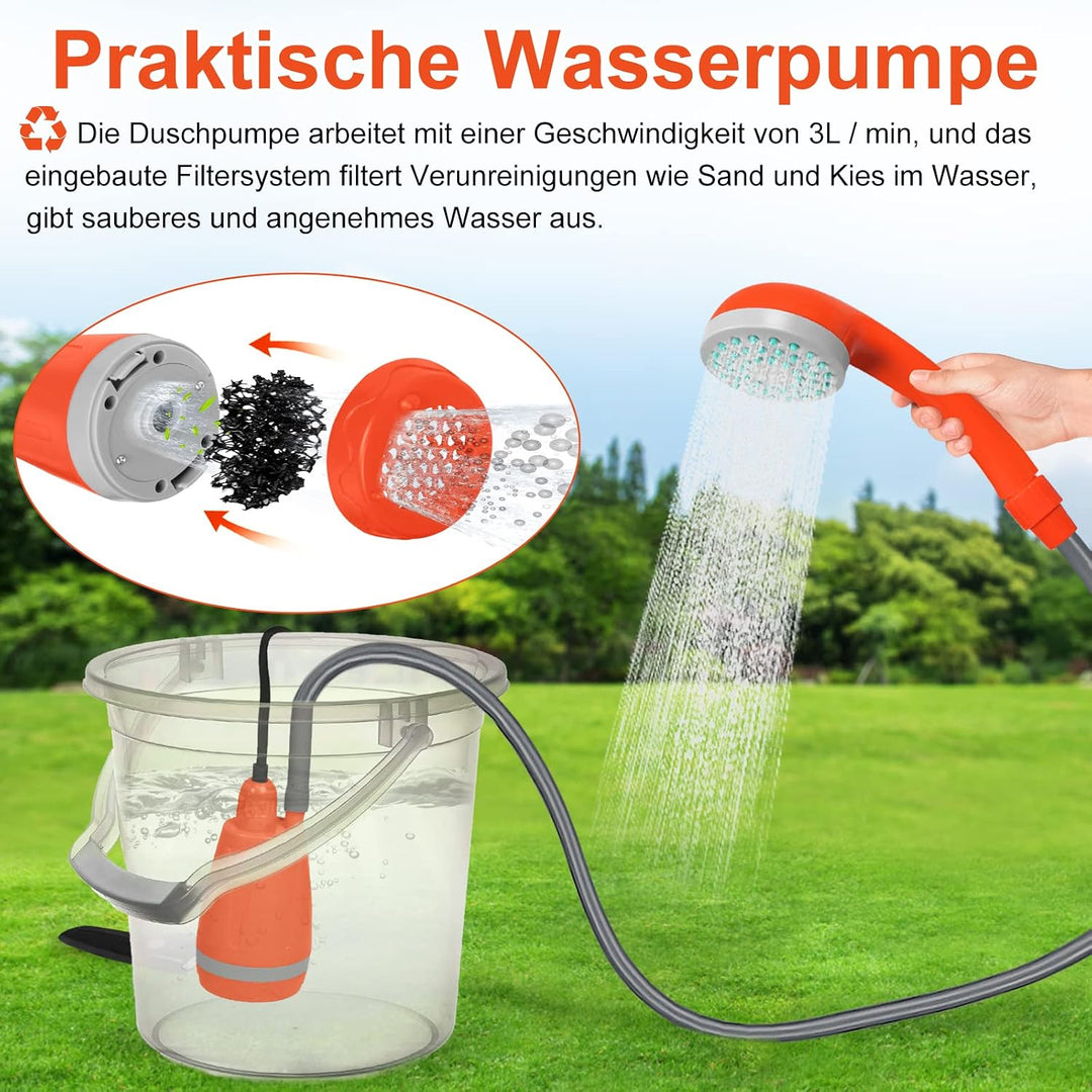 FIVMEN Campingdusche Camping Dusche Outdoor mit Pumpe 2200mAh Akku Haken und Saugnäpfe, Camping Show