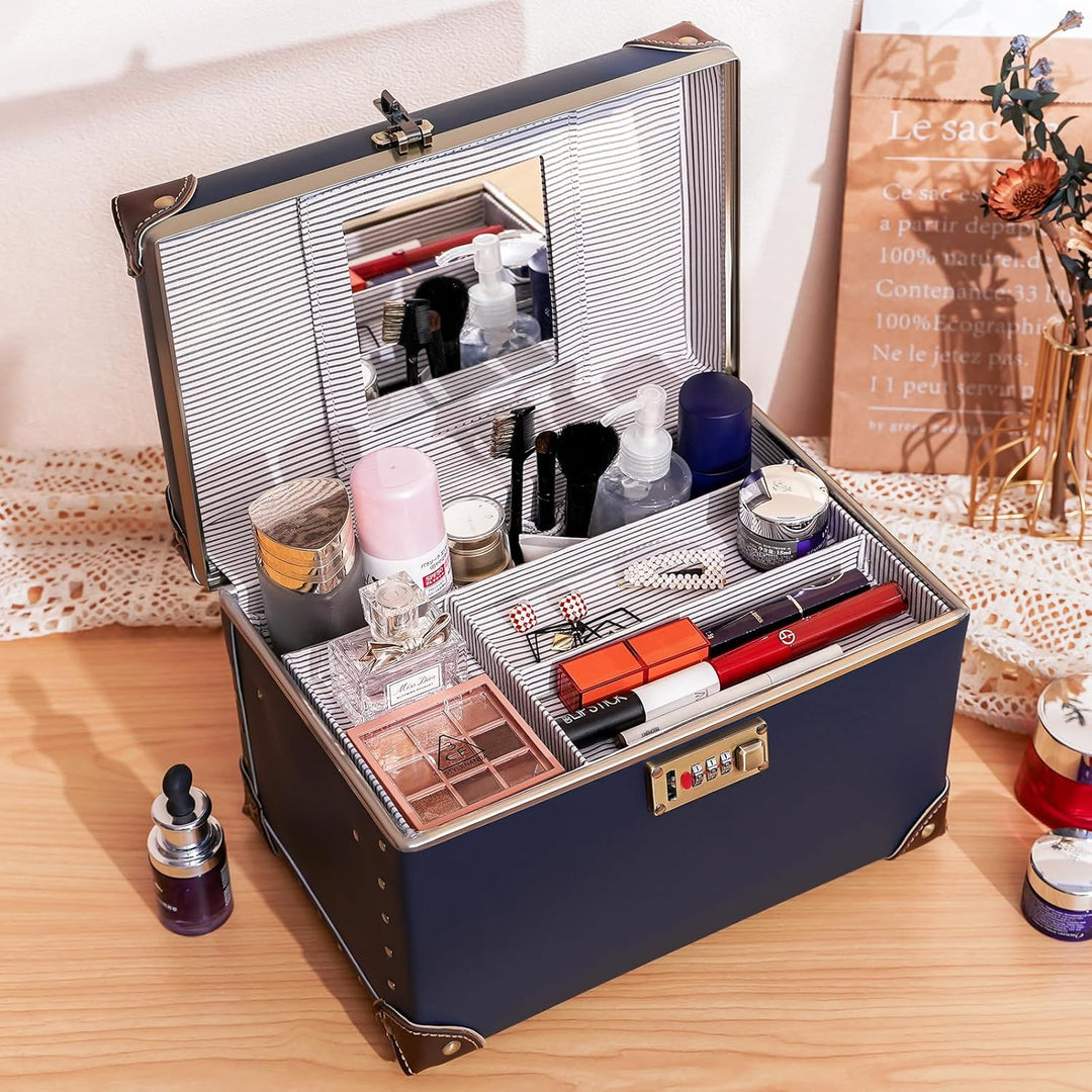 urecity Vintage Leder Kosmetikkoffer mit Spiegel - Hartschale Schminkkoffer für Damen, Reise Make-up