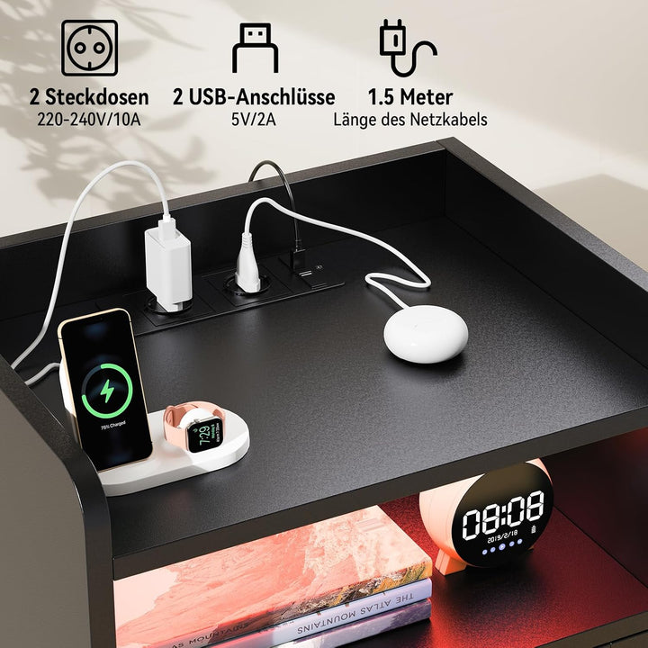 Nachttisch mit Steckdose und Ladefunktion, 2 AC-Steckdosen, 2 USB-Anschlüsse, Nachtschrank mit 16 Fa