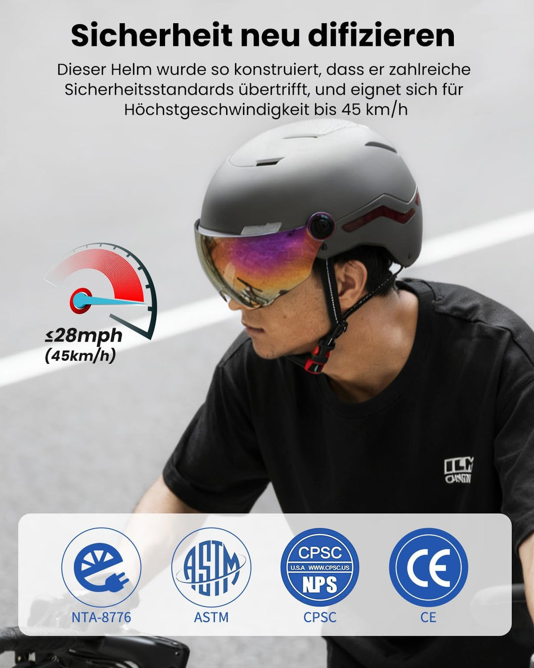 ILM Fahrradhelm Herren Damen mit Visier und LED Licht Beleuchtung Automatischem G-Sensor für Blinker