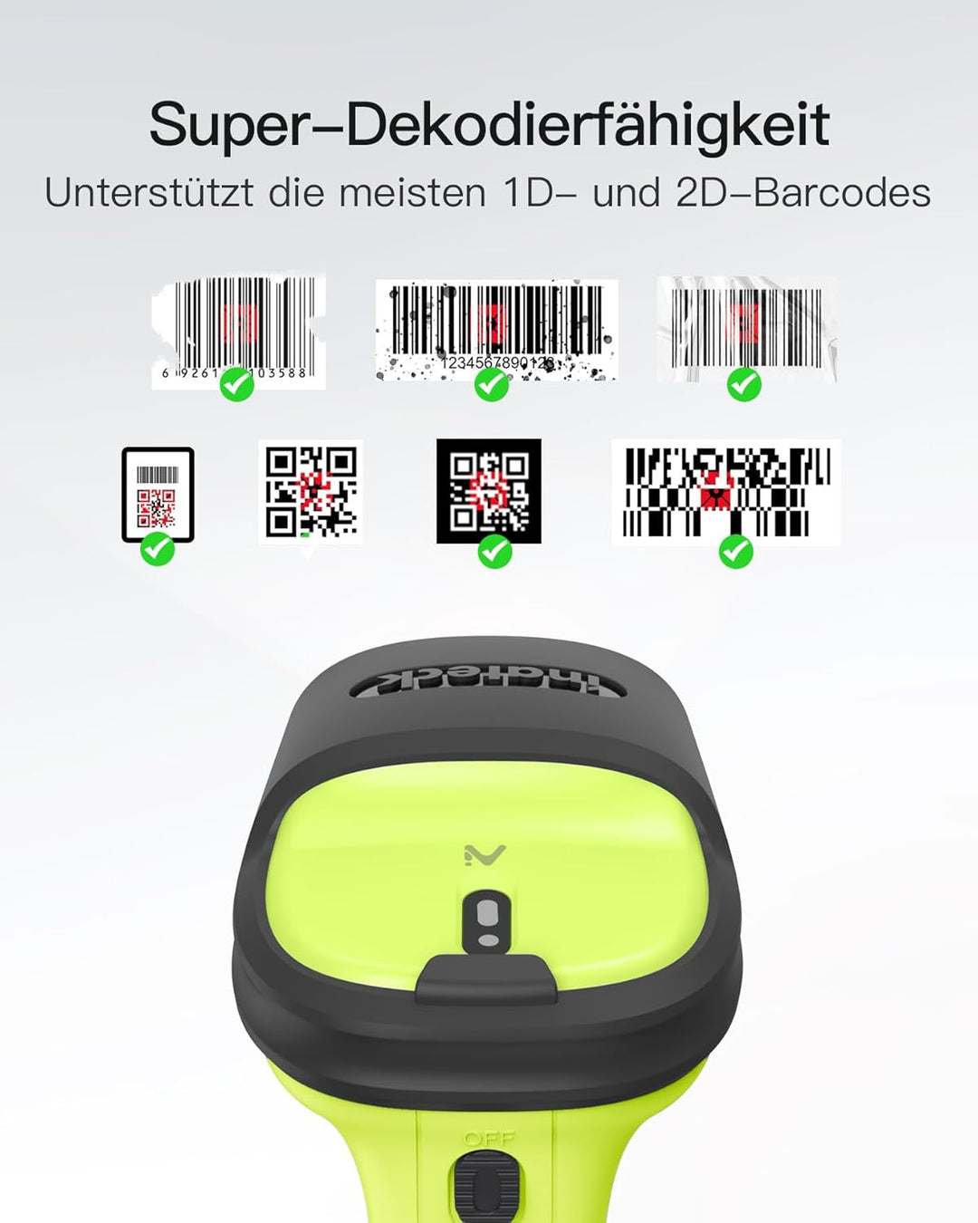 Inateck Barcode Scanner 2D Bluetooth, QR Code Scanner Kabellos, Wireless Handscanner mit AI APP & SD