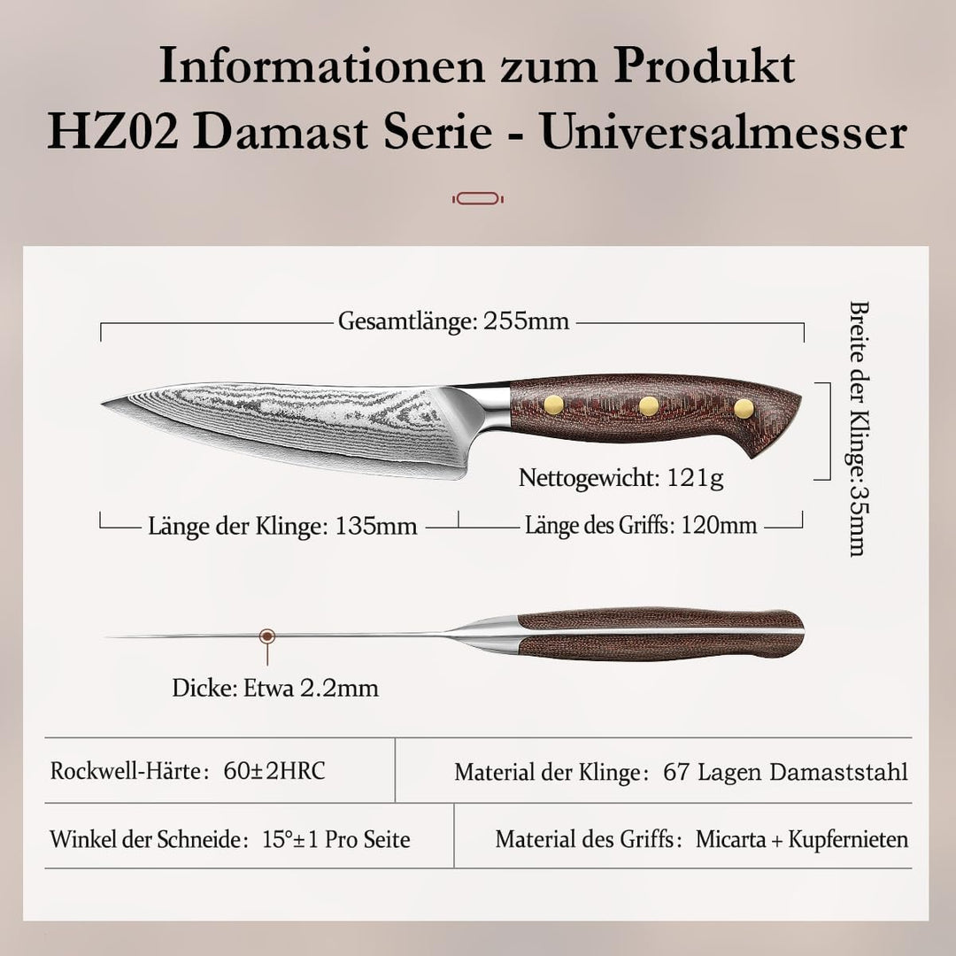 HEZHEN Damaststahl Universal Messer, Hartstahl Allzweckmesser mit Holzmesserscheide, Rasiermessersch