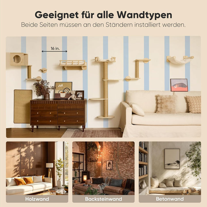 FUKUMARU Kletterwand Katzen-Set, 4 in 1 stabiles Wandmöbel aus mehrschichtigem Holz mit Hängematte,