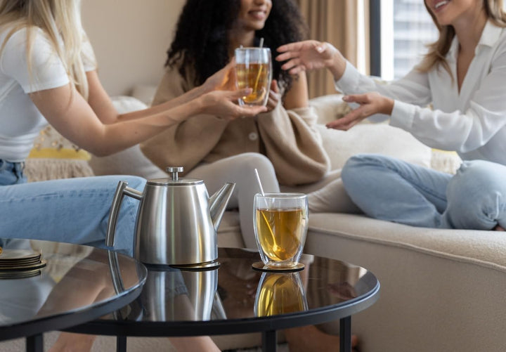 Teekanne, 1L Doppelwandig Aus Grau Edelstahl Mit Siebeinsatz, Mit Stövchen, Tea Maker, Teekanne Edel