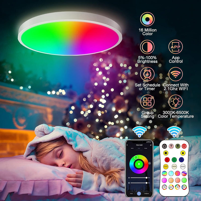 Woukksy LED Deckenleuchte Dimmbar 24W Deckenlampe mit Fernbedienung oder APP-Steuerung, RGB Ultradün