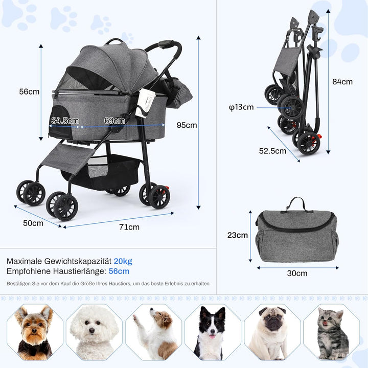 MAMIZO Hundewagen 3 in1,Hundebuggy Bis 30kg,4 Paar 360°Doppelräder,Hunde Wagen mit einer Umhängetasc