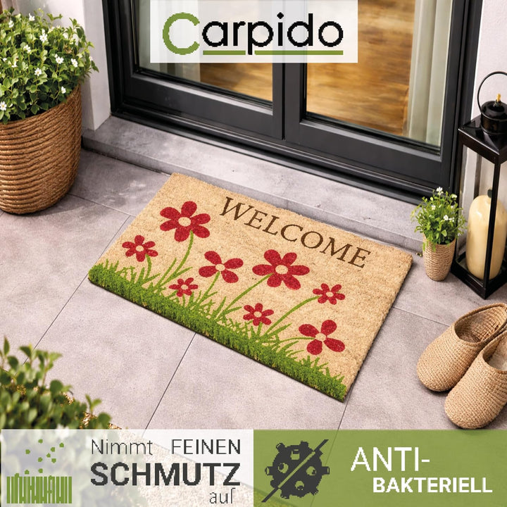 Carpido Fussmatte Kokos Blumenwiese Natur – Türmatte 40x60 cm 2er Set – antibakterielle Matte – Koko